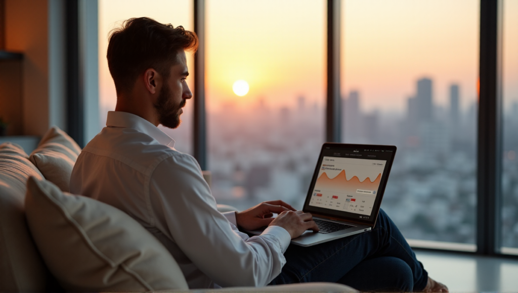 "A serene cryptocurrency investor sits on a cream-colored couch, gazing at a laptop displaying a blockchain staking dashboard, with warm golden light casting a gentle glow on their face."