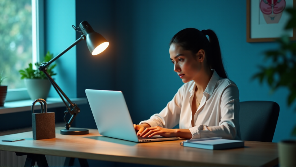 "A young woman sits at a wooden desk, surrounded by digital security tools, intently focused on a blockchain-based data encryption interface."