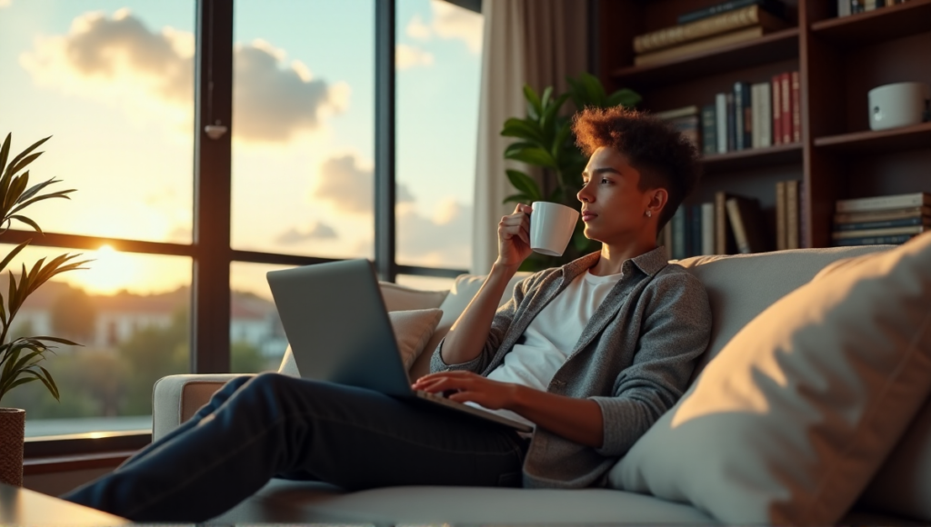 "A young adult sits comfortably on a couch, laptop open displaying a cryptocurrency trading platform, with a smartphone in hand and coffee nearby, surrounded by modern furniture and books about blockchain technology."
