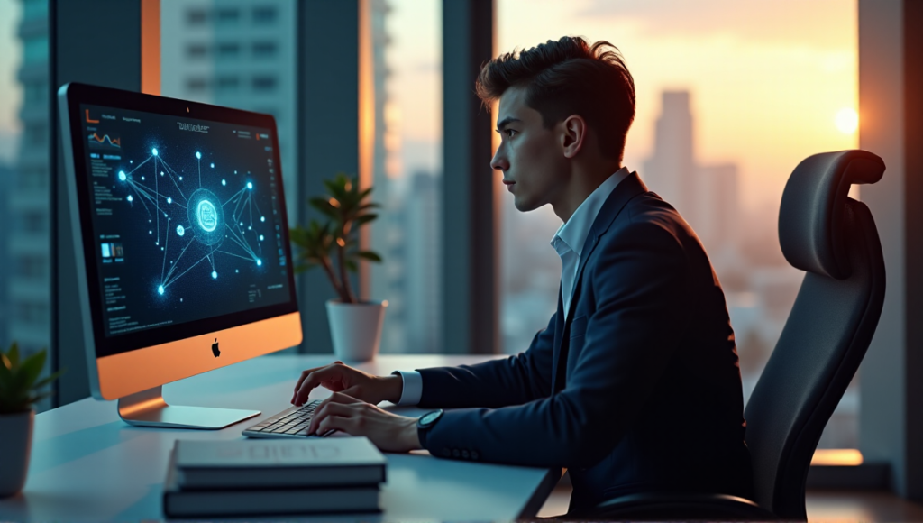 "A young adult sits at a desk, navigating a blockchain network on a computer while holding a cryptocurrency wallet and financial books."