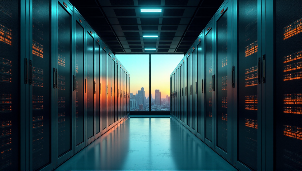 "High-security data center with sleek servers, storage units, and modern infrastructure, conveying trust and stability in blockchain security solutions."