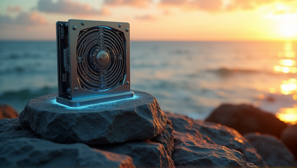 "A sleek silver blockchain node sits atop a weathered granite pedestal on a rugged coastline at sunset, radiating a soft blue glow."