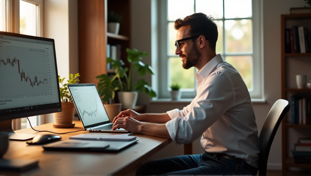 "A person sits at a wooden desk, intensely studying a financial graph on their laptop, surrounded by cryptocurrency tools and devices in a minimalist home office with natural light."