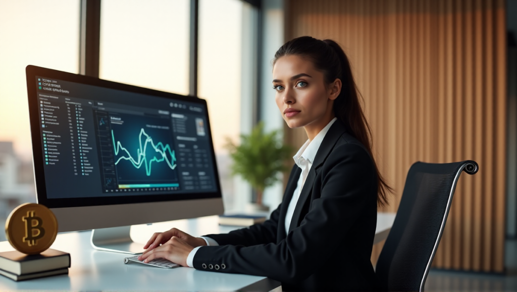 "A young woman sits confidently at a minimalist desk, focused on a blockchain network diagram displayed on her high-resolution computer screen."
