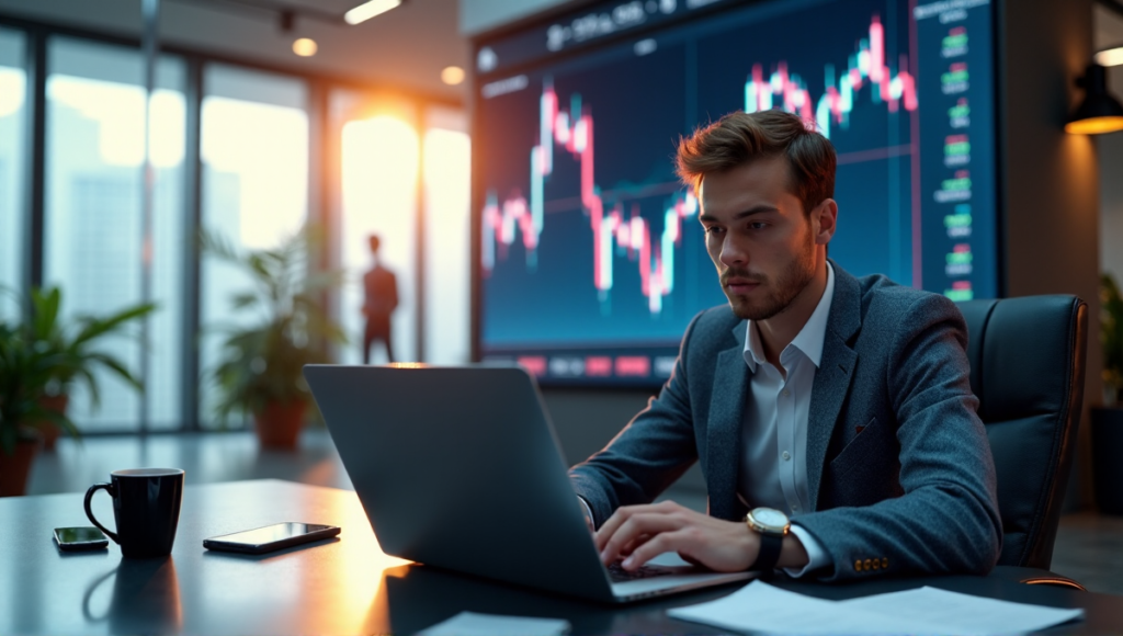 "A young professional intensely focuses on a laptop amidst a modern office space, with a large curved screen displaying blockchain market fluctuations in the background."
