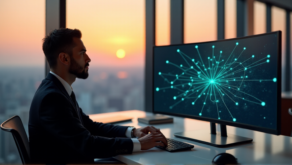 "A skilled cybersecurity expert studies a blockchain network diagram on a high-resolution monitor in a modern office with a cityscape view at sunset."