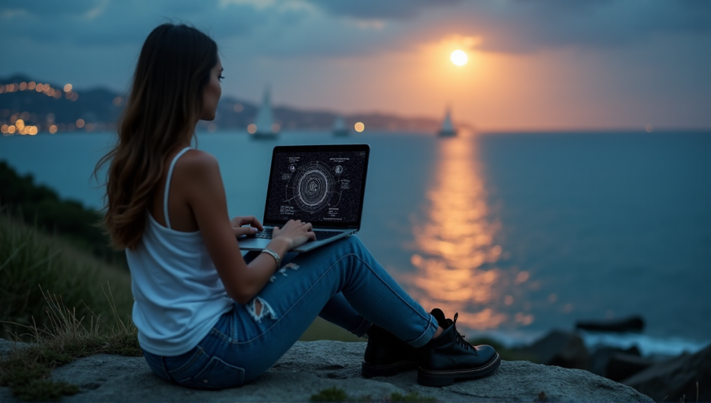 "A young woman sits on a rocky outcrop overlooking a moonlit ocean at dusk, laptop open displaying a blockchain network diagram."