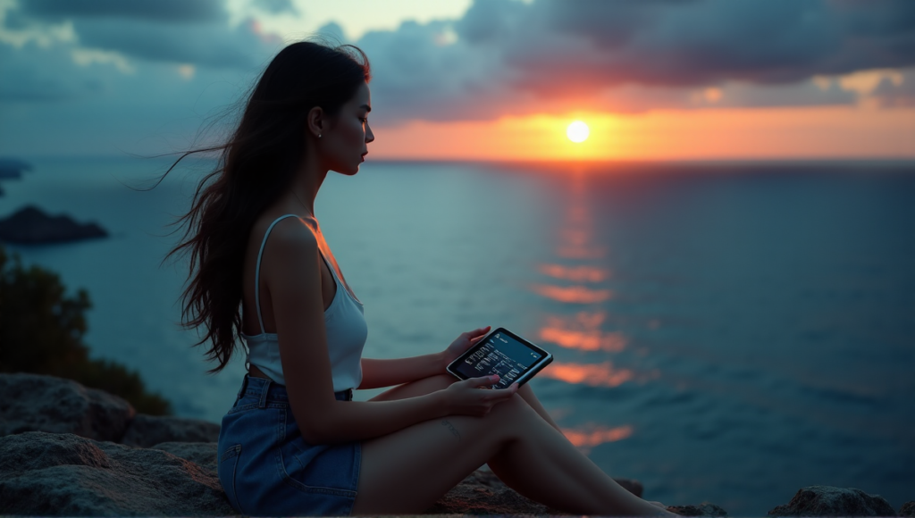 "A young woman sits confidently on a rocky outcropping overlooking a serene moonlit ocean at dusk, with a DeFi cryptocurrency wallet open on her lap, showcasing blockchain-based wealth portfolio and investment charts."