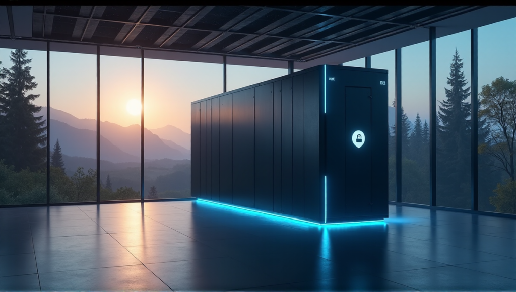 "Image of a futuristic data center featuring a large cylindrical blockchain storage container with soft blue glow, positioned in front of a serene moonlit landscape."