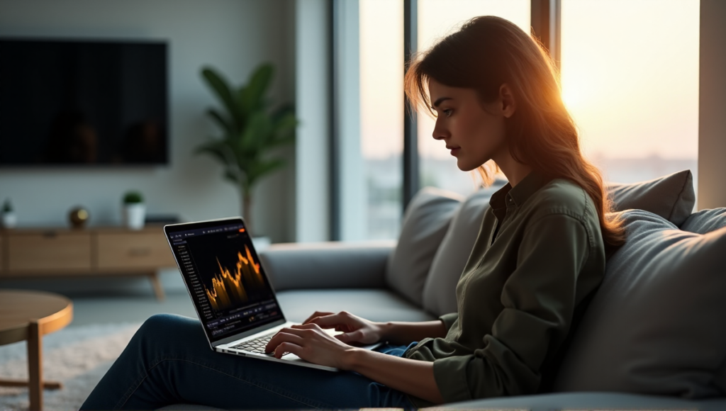 "A person sits confidently on a modern couch, laptop open in front of them displaying a cryptocurrency trading platform on a blockchain."