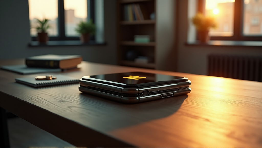 "A sleek cryptocurrency wallet on a minimalist desk, illuminated by golden hour light, showcasing intricate details and textures of its circuitry and design in a serene blockchain-enabled environment."