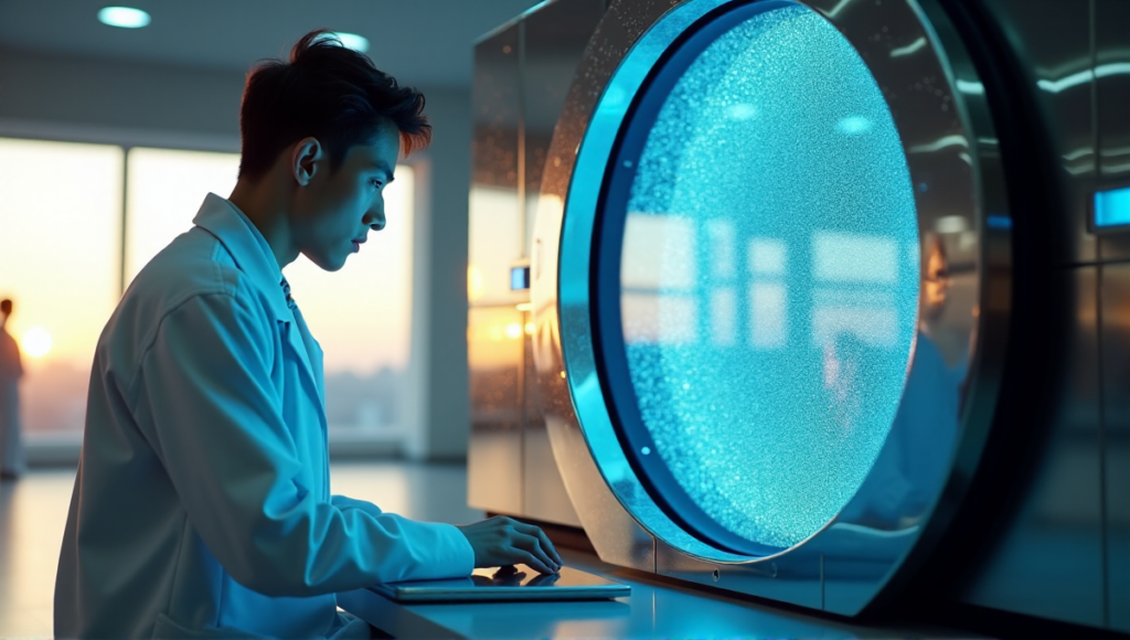 "A young scientist sits intently in front of a quantum computer, surrounded by futuristic lab equipment, focused on unlocking blockchain technology's potential."