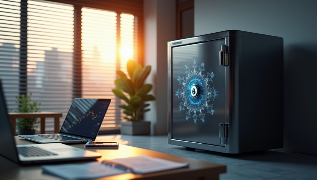 "A sleek high-tech safe with a digital lock displaying blockchain-inspired patterns in a modern home office, illuminated by soft natural light."