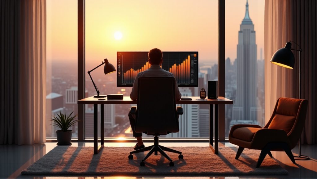 "A serene home office setup featuring a minimalist desk, state-of-the-art computer, and large monitor displaying rising cryptocurrency prices on a blockchain network."