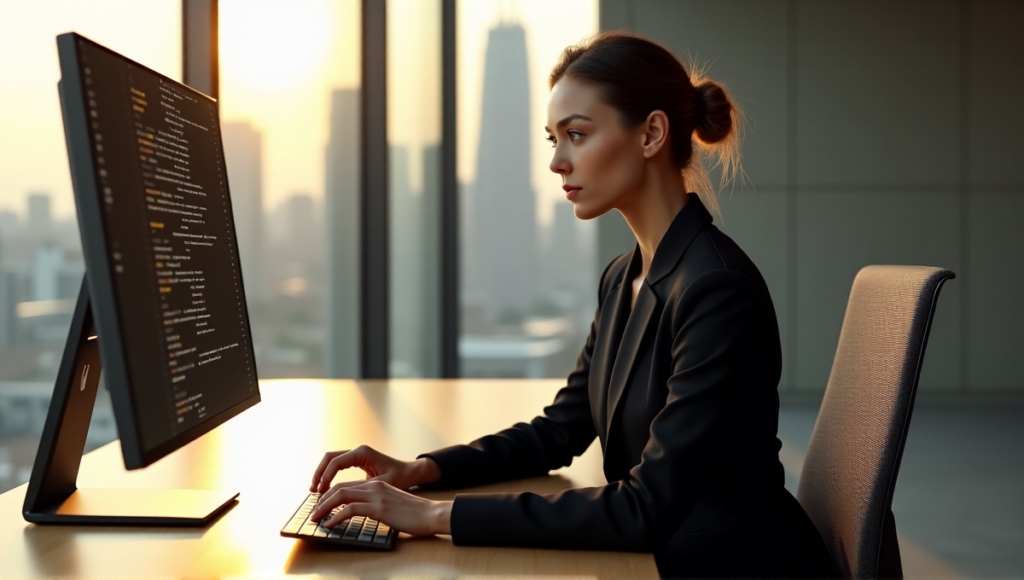 "A young woman sits confidently at a desk, gazing at a blockchain network visualization on her computer monitor, poised to type code in a modern, sparse room with soft natural light."