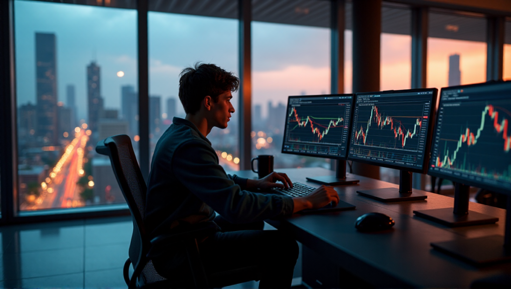 "A young trader intensely focused on crypto trading screens in a dimly lit room with cityscape view, studying blockchain indicators."