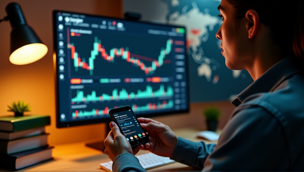 "A person confidently holds a Ledger Nano X device, navigating cryptocurrency trading charts on a large monitor in a dimly lit home office with blockchain-related books and journals nearby."