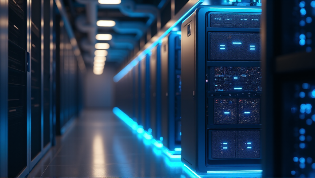 "A modern computer server in a dimly lit data center, surrounded by humming servers and cables, with intricate ventilation grills and glowing blue LED lights."