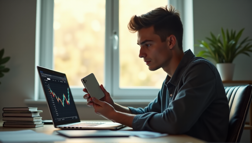 "A young adult sits at a desk, scrutinizing a cryptocurrency exchange platform on their laptop while holding a sleek hardware wallet, emphasizing secure blockchain storage solutions."
