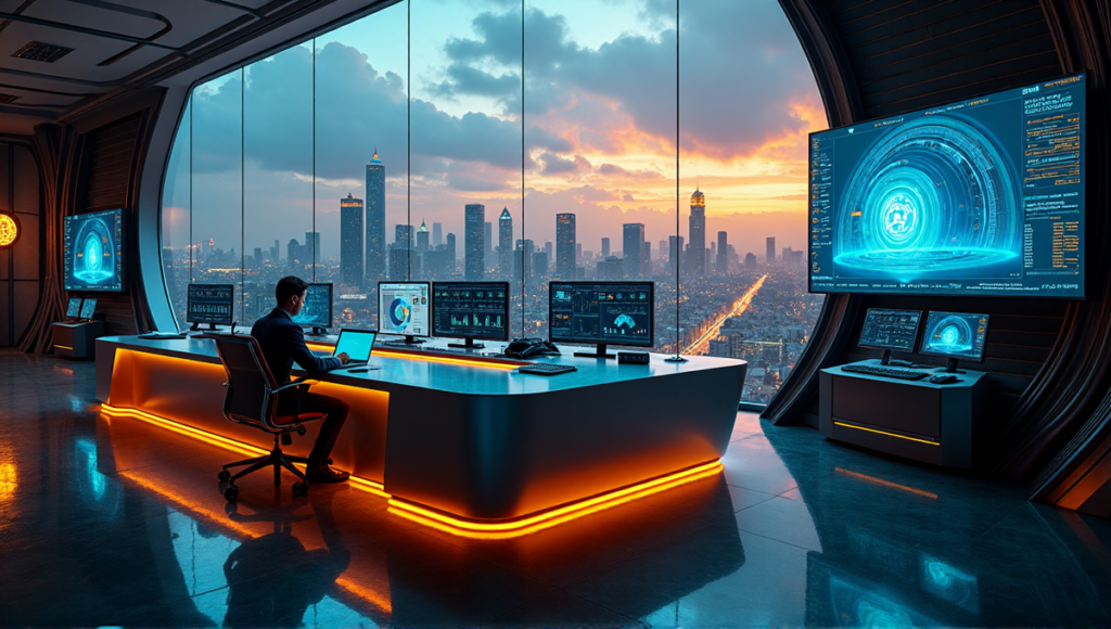 "A futuristic control room with a data analyst surrounded by blockchain network diagrams, servers, and video walls, set against a cityscape at dusk."
