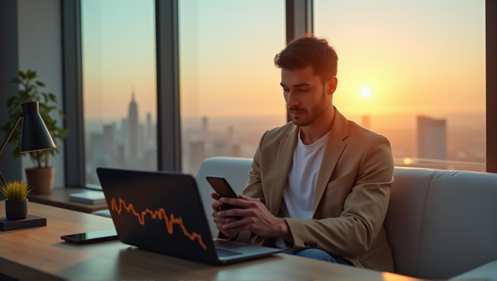 "A serene cryptocurrency investor sits on a cream-colored couch in a high-tech home office, surrounded by blockchain-related accessories, with a cityscape view at sunset."