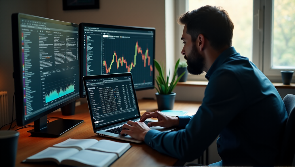 "A person sits at a wooden desk, reviewing cryptocurrency holdings on multiple screens and tax software, with framed financial charts and open books nearby."