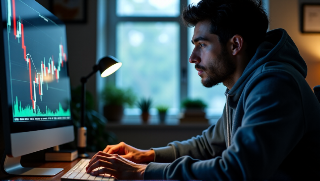 "A person intensely focuses on a cryptocurrency trading screen displaying Bitcoin and Altcoin charts, with blockchain data in the background."