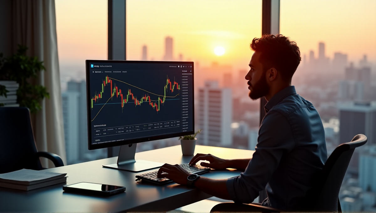 A person sits at a modern desk, focused on cryptocurrency trading platform on a large computer monitor, surrounded by financial resources and high-tech gadgets in a minimalist home office with cityscape view.
