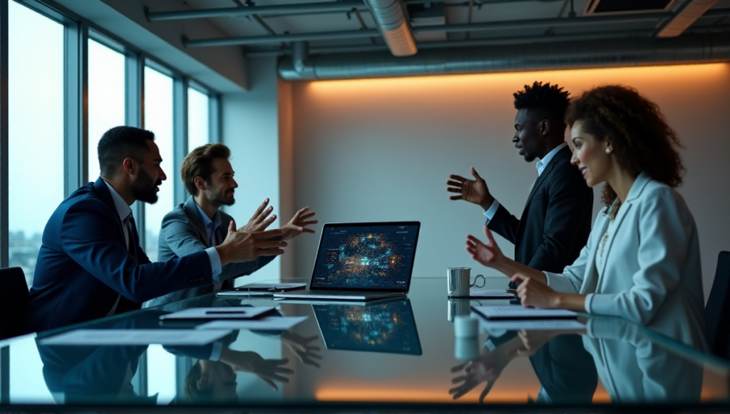 "Three individuals from diverse backgrounds collaborate in a modern conference room, using blockchain-based contract management software to navigate digital contracts."