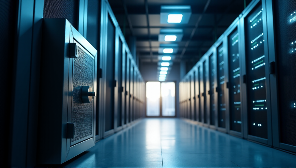 "A sleek silver cryptocurrency storage vault in a high-security data center surrounded by humming servers and soft natural light, conveying trust and reliability in blockchain security solutions."