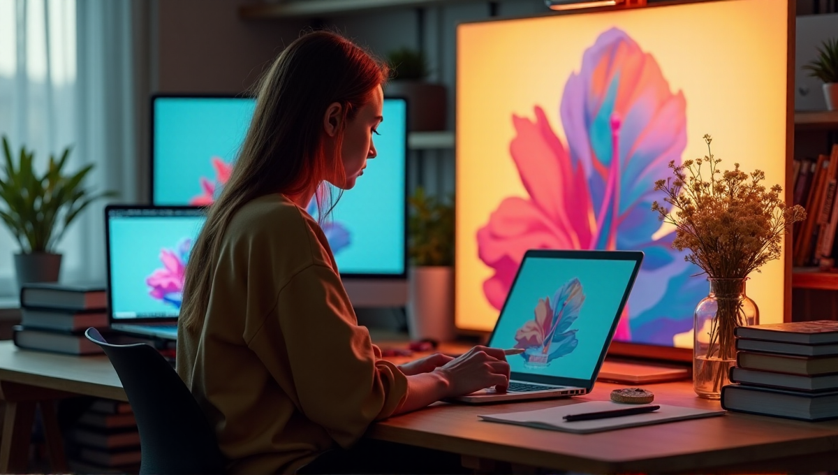 An artist sits at a wooden desk surrounded by art supplies, laptops, and cryptocurrency screens, intensely focused on creating an NFT artwork amidst a modern home office with natural light pouring in.