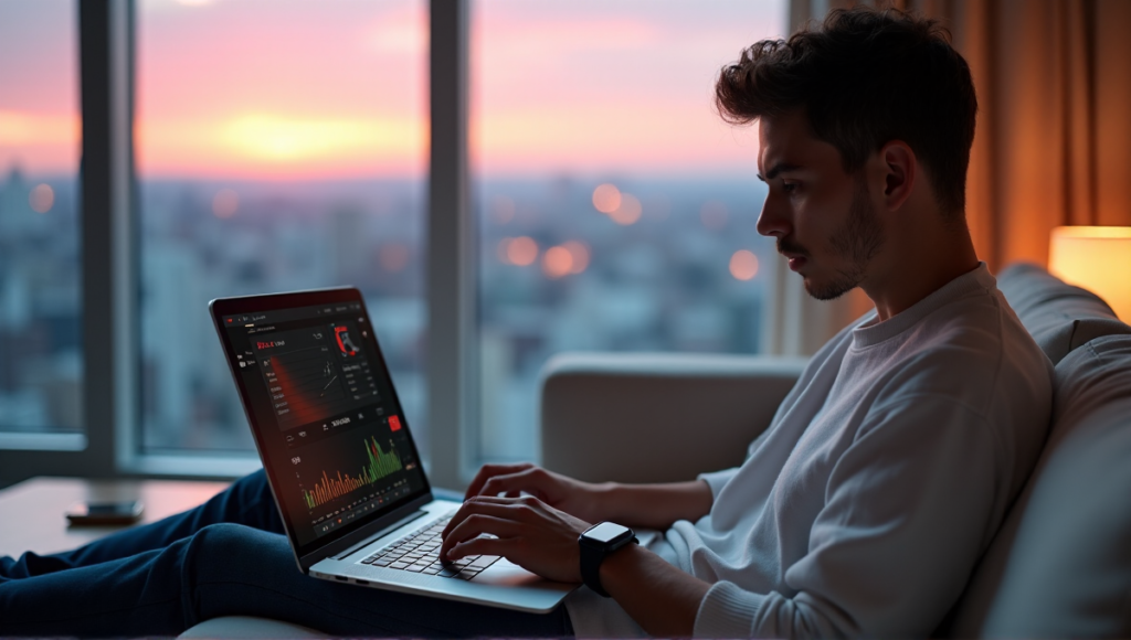 "A young adult sits calmly on a cream-colored couch, typing on a high-tech laptop displaying cryptocurrency exchange platforms, surrounded by digital devices in a modern living room with a serene cityscape view."