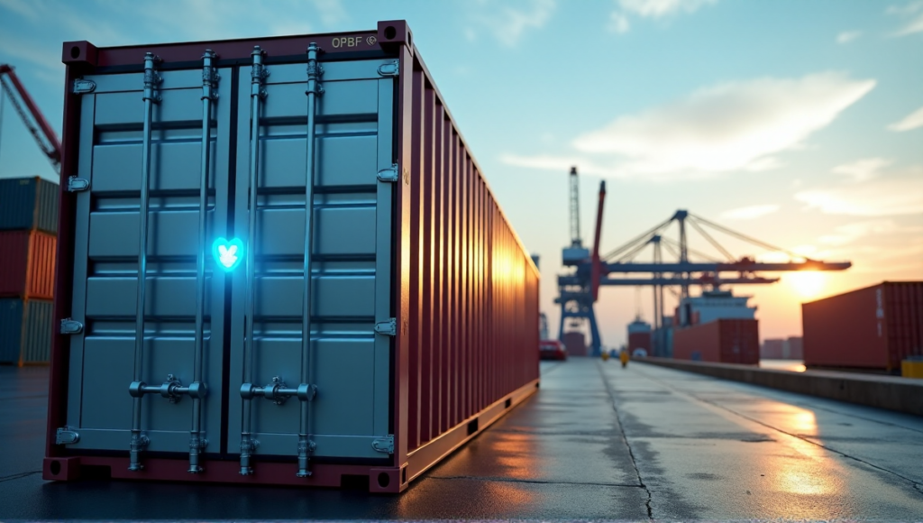 "A photorealistic image of a sleek shipping container with a blockchain-enabled smart lock system at an international port."