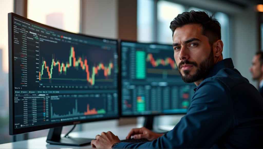 "A skilled trader sits confidently in front of a high-tech trading terminal, surrounded by screens displaying real-time Bitcoin and Altcoin market data on blockchain technology."