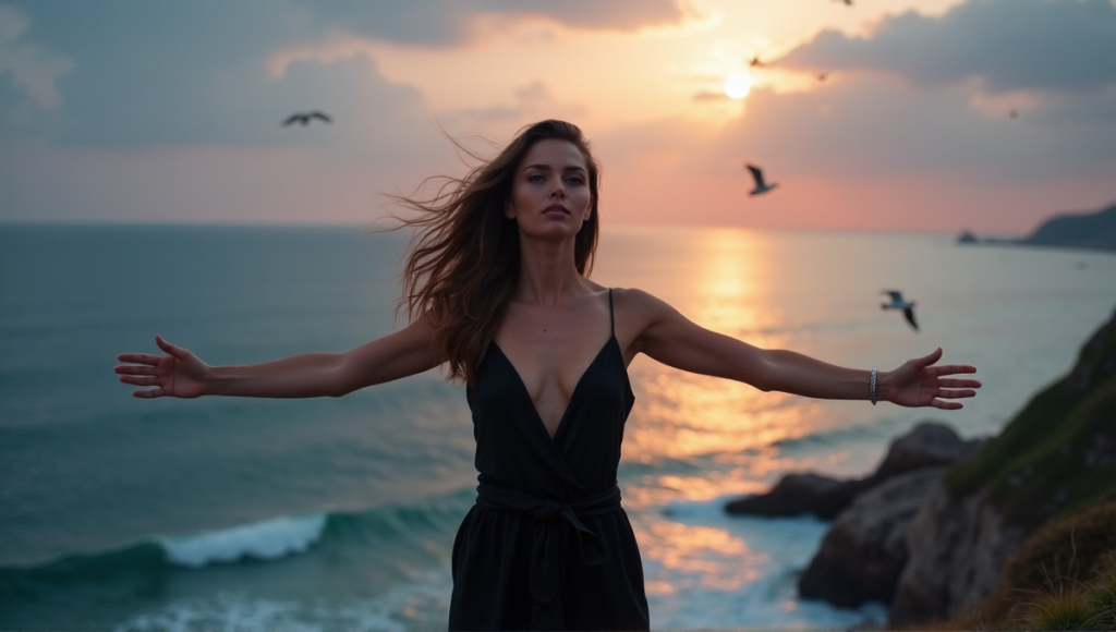 "A young woman stands confidently on a rocky cliff overlooking a serene moonlit ocean at dusk, embracing freedom with DeFi strategies for long-term wealth growth and blockchain empowerment."