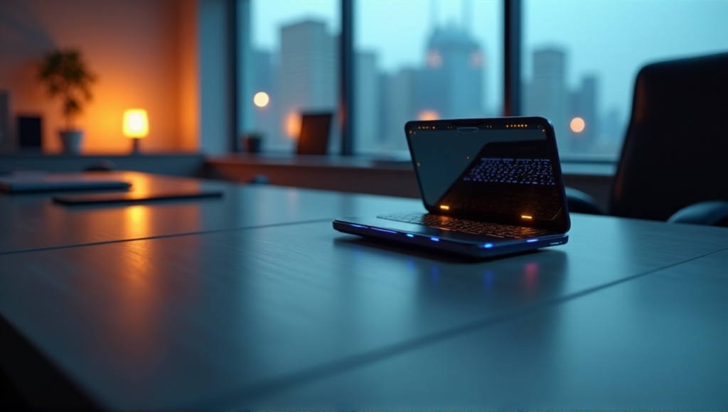 A sleek, futuristic blockchain wallet device on a minimalist desk amidst a modern office with a cityscape at dusk through a large window, conveying trust and security.