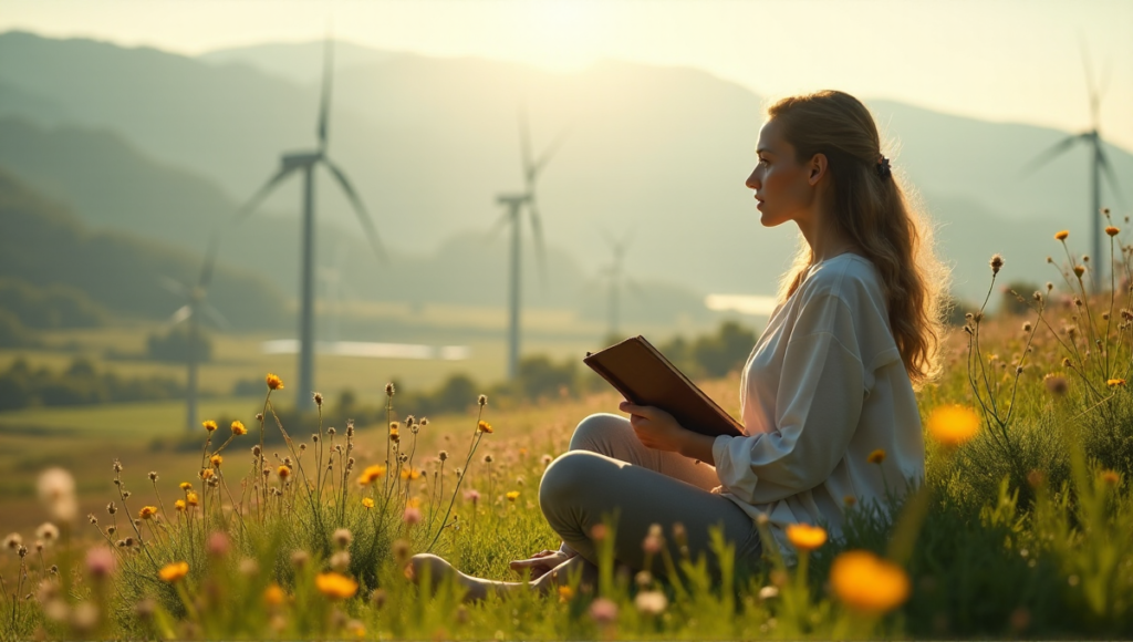 "A serene woman sits in a lush meadow surrounded by wildflowers, holding a cryptocurrency mining rig and a book, with solar panels and wind turbines visible in the background."