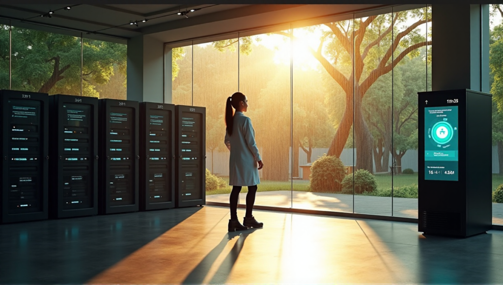 "A modern charity donation center with a cryptocurrency mining rig in the background, surrounded by blockchain security equipment, amidst lush greenery and rain."