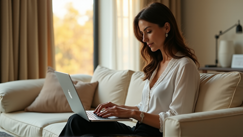"A woman sits calmly on a cream-colored couch, gazing at a laptop displaying a blockchain-based cryptocurrency trading platform."
