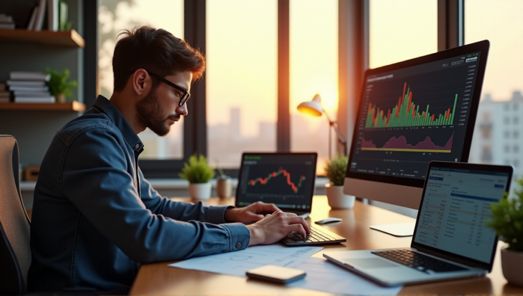 "A person sits at a wooden desk surrounded by financial books, computer screens displaying cryptocurrency charts and blockchain data, with a laptop open to tax software and a tablet showing long-term investment benefits."