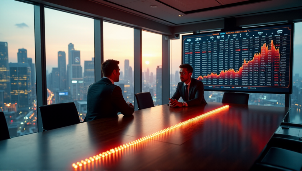 "Two experts discuss blockchain implications on a trading floor, surrounded by scrolling cryptocurrency tickers and a cityscape at sunset."