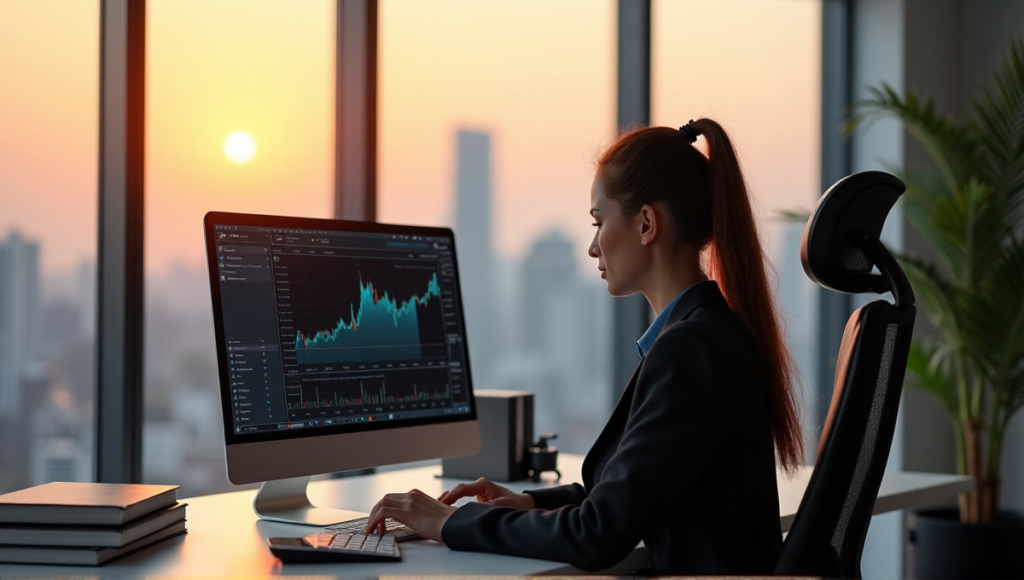 "A young woman sits at a minimalist desk, intensely focused on a cryptocurrency trading platform, surrounded by blockchain technology books and financial tools, conveying empowerment and financial freedom."