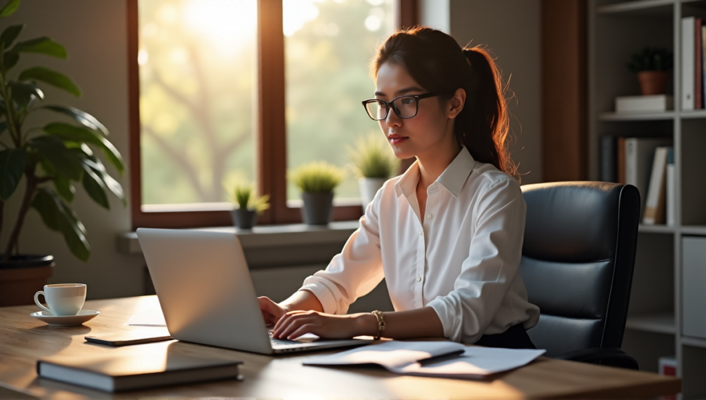 "A young woman sits confidently at a desk, surrounded by financial books and papers, with a laptop displaying a cryptocurrency trading platform on a blockchain-enabled network."