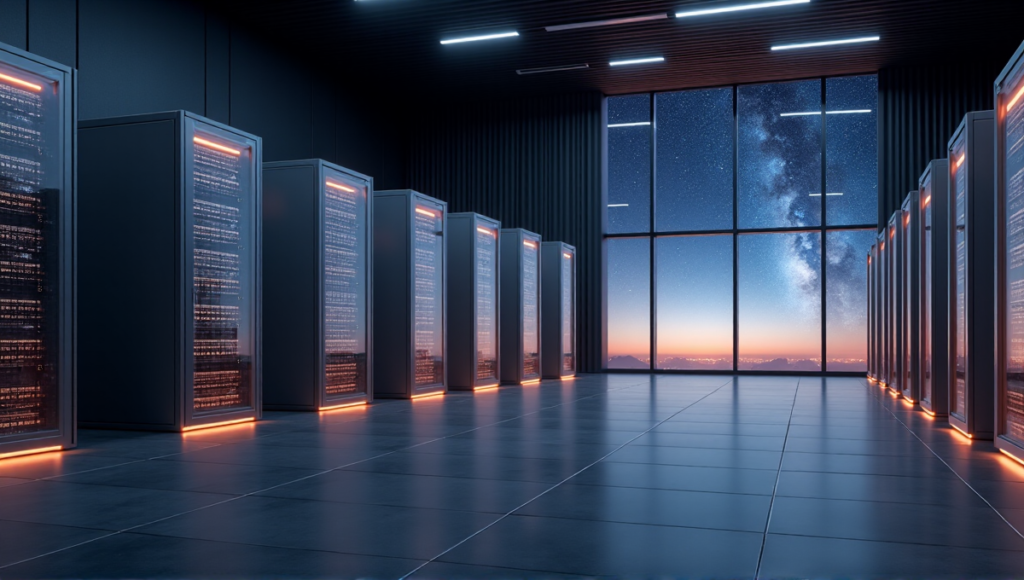 "Image of a serene data center with sleek cryptocurrency storage servers, tamper-evident security containers, and a star-filled night sky view, conveying trust and blockchain security."