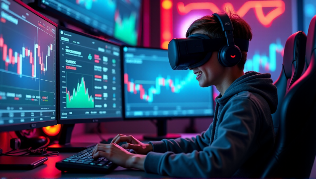 "A young gamer immersed in a VR headset, surrounded by screens displaying cryptocurrency market charts, virtual currency transactions, and rapidly increasing blockchain-based earnings."