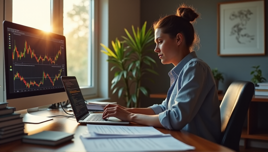 "A person sits at a wooden desk, intensely focused on cryptocurrency charts and tax software, surrounded by financial documents and minimalist artwork in a modern home office."