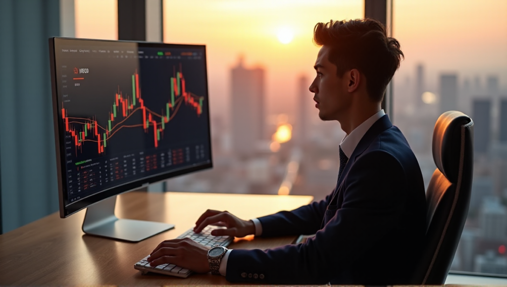 A young professional sits confidently at a wooden desk, gazing out a skyscraper window with a cityscape view, while monitoring cryptocurrency prices on a large computer screen, surrounded by blockchain-inspired accessories.