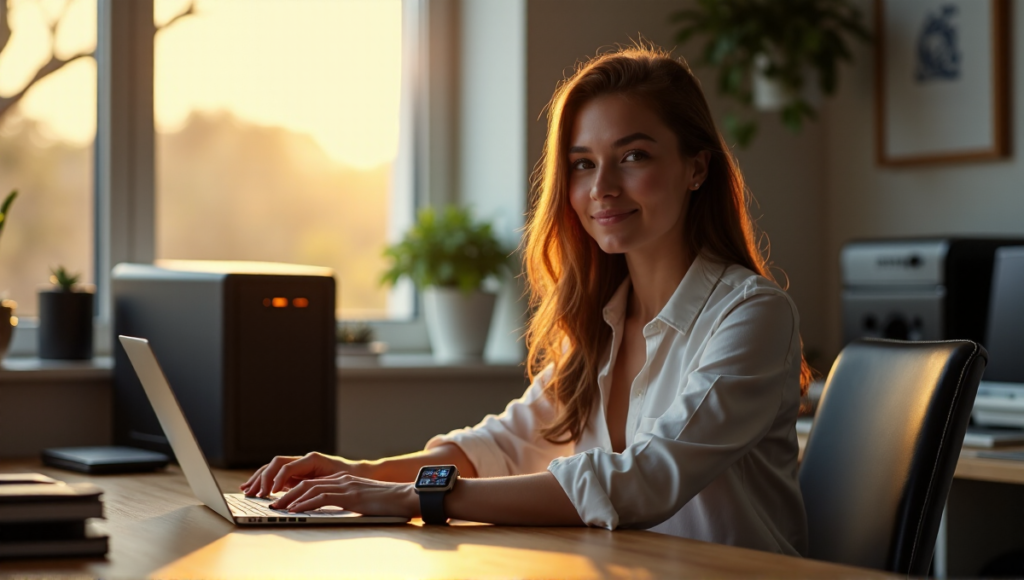 "A young woman sits confidently at a wooden desk surrounded by DeFi tools, blockchain-enabled devices, and cryptocurrency mining rigs, with her hands resting on a smartwatch displaying a real-time market chart."