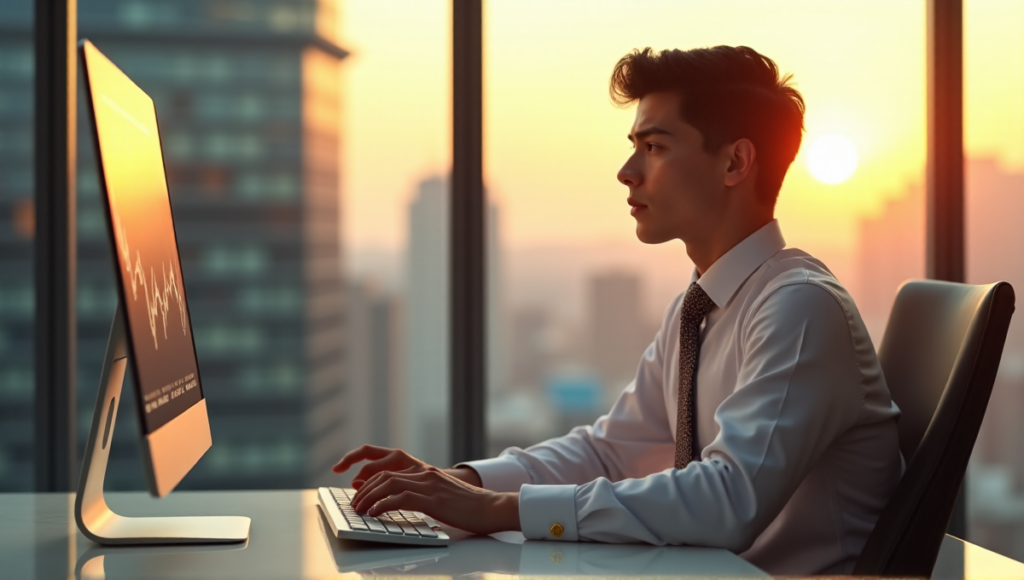 "A young adult in business attire sits confidently at a desk with a computer displaying cryptocurrency prices, surrounded by a warm office space with city views."