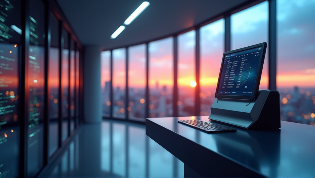 "A sleek cryptocurrency exchange terminal in a high-tech lab setting, reflecting softbox lighting, with a cityscape at sunset through a large window."